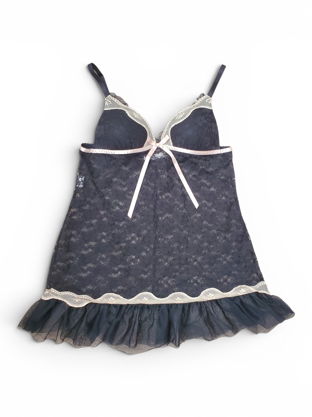 VS Linea Donatella Black Lace Chemise with Cream Trim and Pink Ribbon